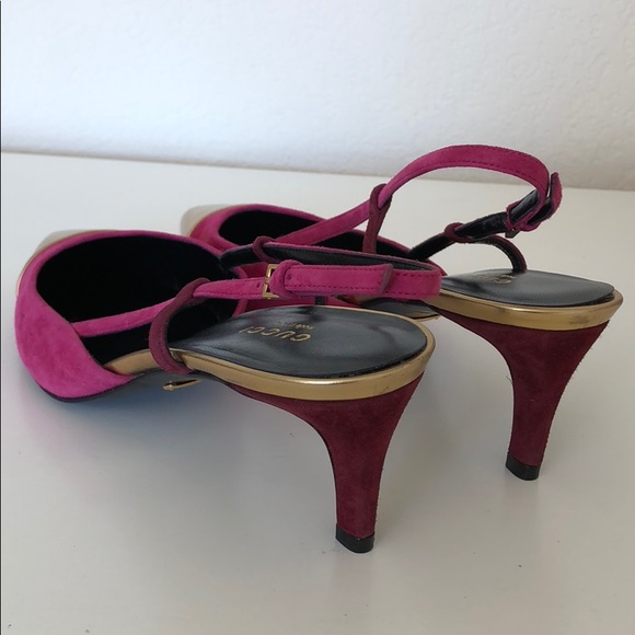 Gucci Magenta/Gold Suede Pumps - Picture 3 of 5